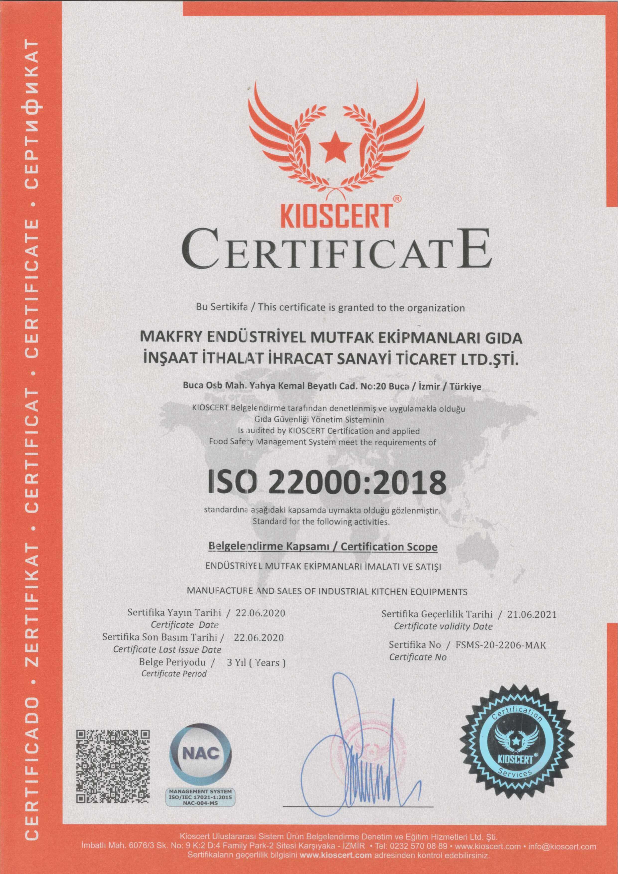 ISO 22000:2018 Gıda Güvenliği Sertifikası